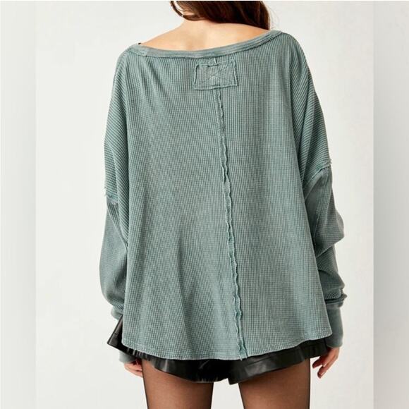 Free People Green Microphone Drop Thermal Top XS Waffle Knit Relaxed Oversized - Picture 3 of 8